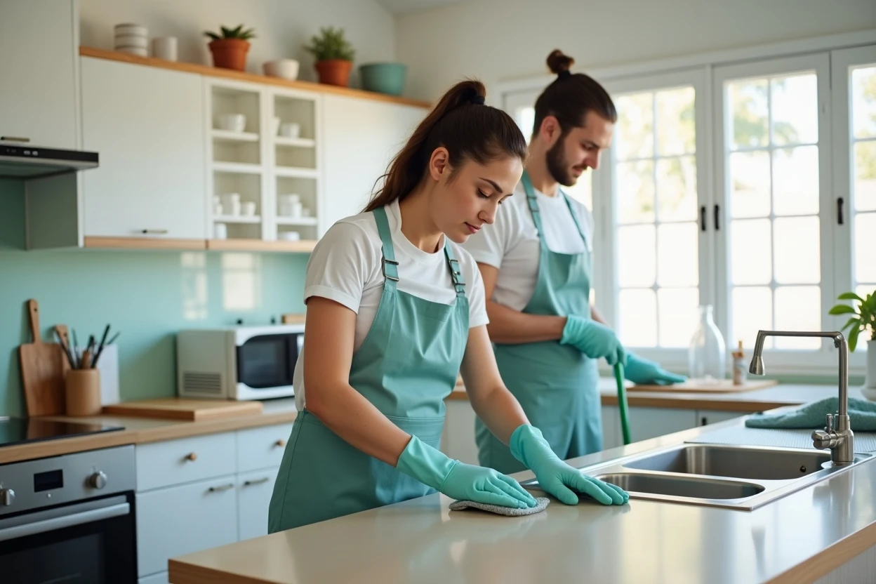 Mano limpiando encimera de cocina